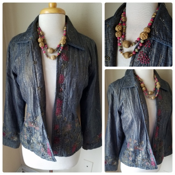 Chico's Jackets & Blazers - Chico's Metallic Denim Beaded Jacket & Necklace